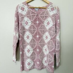 All Points Crochet Sweater Womens Small Pink Granny Square Boho Festival Top